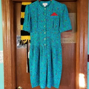 Vintage 80s 90s David Warren Turquoise Dress Rayon fitted waist spring S/M